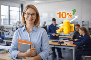 Fiatal nő, kezében jegyzetekkel, mögötte diákok gyakorlati munkát végeznek; a béremelést jelképező grafikus elemekkel.