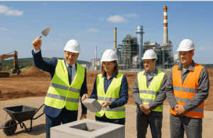 Szakemberek védősisakban és láthatósági mellényben elhelyezik az új visontai gázturbinás erőmű alapkövét, a háttérben az erőmű ipari épületeivel.