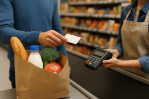 Vásárló érintésmentes bankkártyás fizetést végez egy szupermarket pénztáránál, a pulton papírzacskóban élelmiszerekkel.