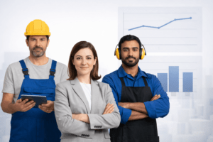 Különböző ágazatokban dolgozó munkavállalók állnak semleges háttér előtt, mögöttük üres grafikonok láthatók, a munkaerőpiaci folyamatok szemléltetésére.